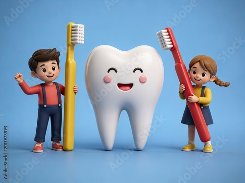 Kids with Giant Toothbrushes Next to Smiling Tooth