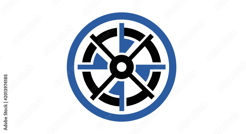 Fototapeta premium Abstract circular emblem in blue and black, geometric design on white background