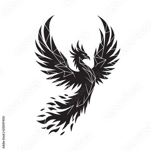 Quadro em tela Geometric black silhouette of a phoenix with wings spread and tail feathers