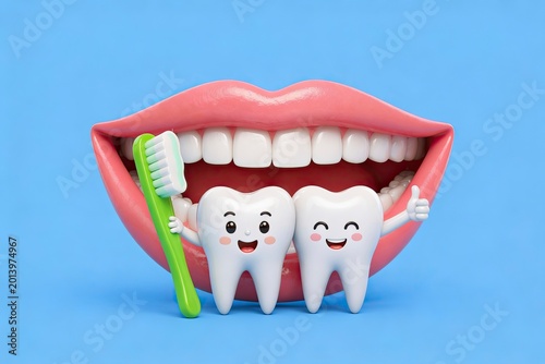 Smiling Teeth with Toothbrush in Open Mouth