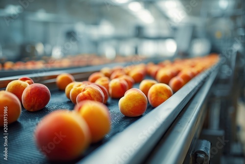 Fresh red yellow peaches moving along conveyor belt. Food processing plant, packaging facility. Apple sorting machine picking fruits. Automatic factory. Closeup. Hightech agriculture production line.