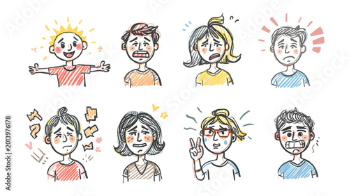Fotografía Human Emotions: Diverse expressions of human emotion are captured in a series of sketches, each portraying a unique state of mind