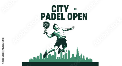 City Padel Open: Dynamic Vector Illustration of Padel Player in Action Over Cityscape