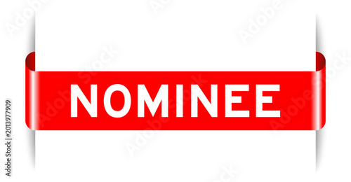 Foto Red color inserted label banner with word nominee on white background