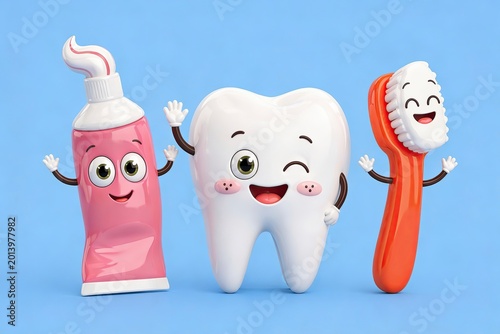 Winking Tooth with Toothpaste and Toothbrush