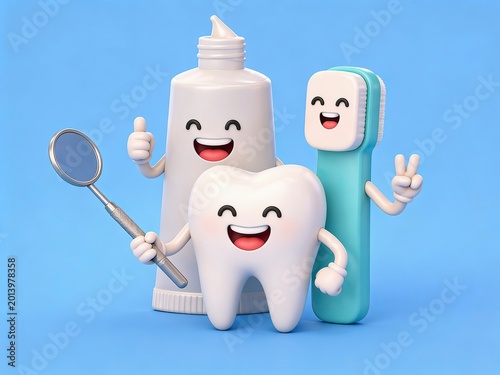 Smiling Tooth with Toothpaste and Toothbrush Characters