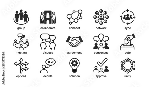 Group icons showing collaboration actions and meeting concepts grid
