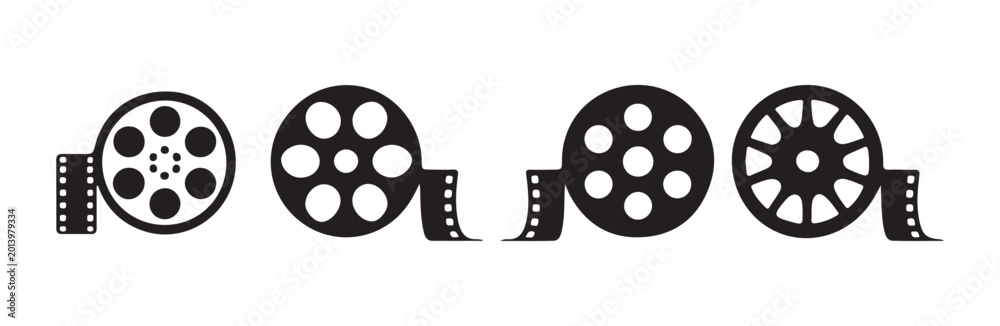 Obraz premium Various film reel icons with cinematic tape strips elements.