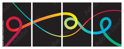 Abstract colorful wavy line art composition with four vertical panels against black background featuring gradient ribbons in red orange yellow green and blue creating dynamic fluid motion patterns.
