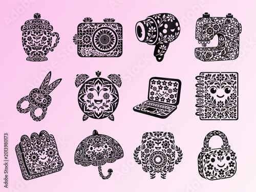 Floral Silhouette Everyday Objects Vector Set. Cute Decorated Icons with Black Flower Patterns.