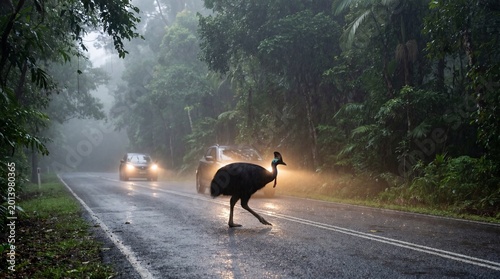 Cassowary crossing a misty road highlights issues of conservation and vehicular safety in rainforest habitats.