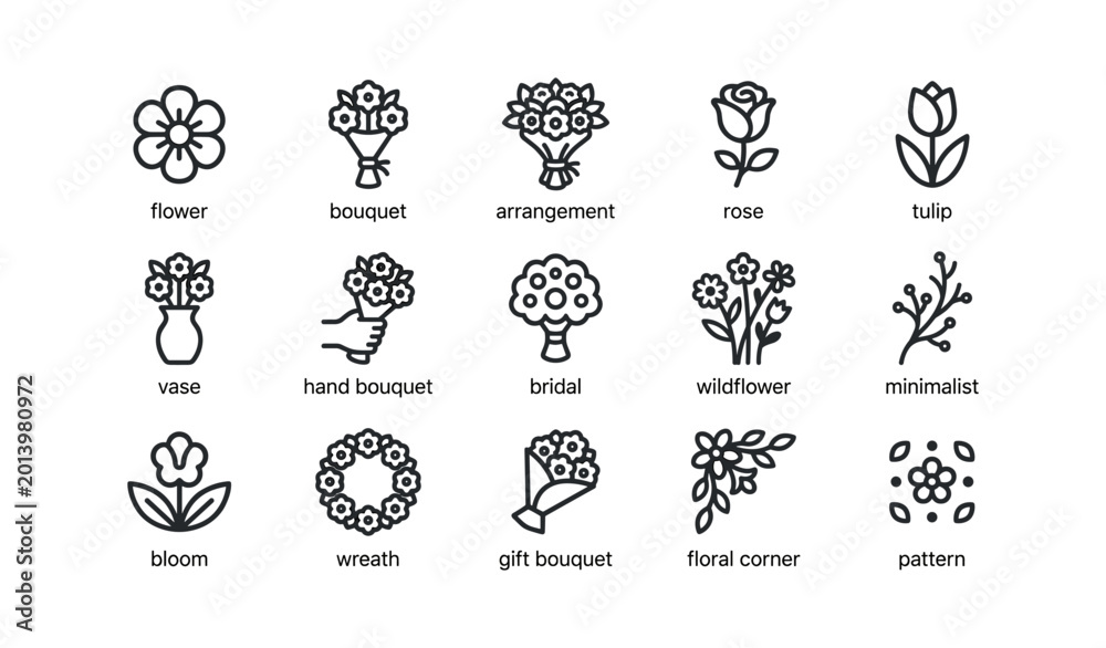 Fototapeta premium Floral icon set showing bouquets and flower types on white background