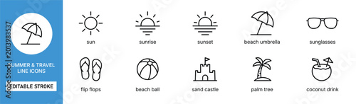 Foto summer beach travel icon line style vacation editable stroke vector set