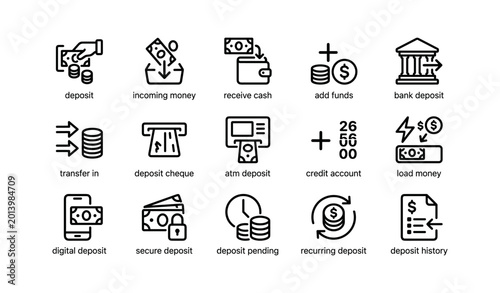 Banking deposit and money transfer icons arranged on white background