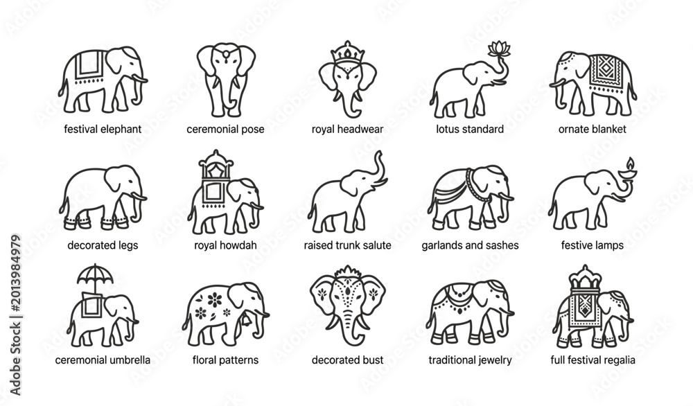 Fototapeta premium Elephant icons depicting festival decorations on white sheet