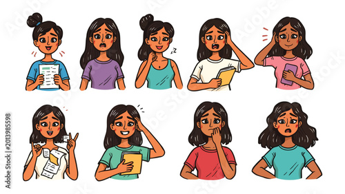 Obraz na plátne Emotion Expressions Illustration: A collection of various expressions of human emotion, depicting a woman in a cartoon style expressing different feelings, from happiness to stress