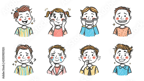Expressions of Emotions: A colorful illustration showcasing eight different facial expressions of children, each depicting a unique emotion such as joy, sadness, surprise, and pain.