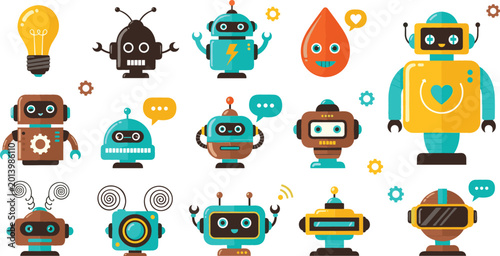 Bild auf Leinwand Cute cartoon robot characters and technology icons set featuring friendly droids light bulb gear and artificial intelligence symbols for education and digital tech design vector