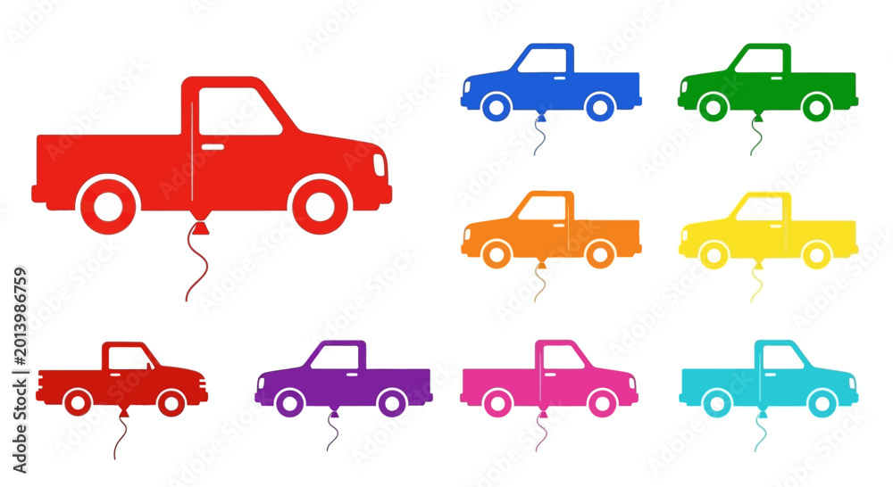 Naklejka premium Colorful Pickup Trucks with Balloons Collection - Vector Icons