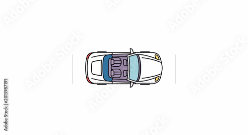 A top-down illustration of a convertible car, showing details like seats and design.