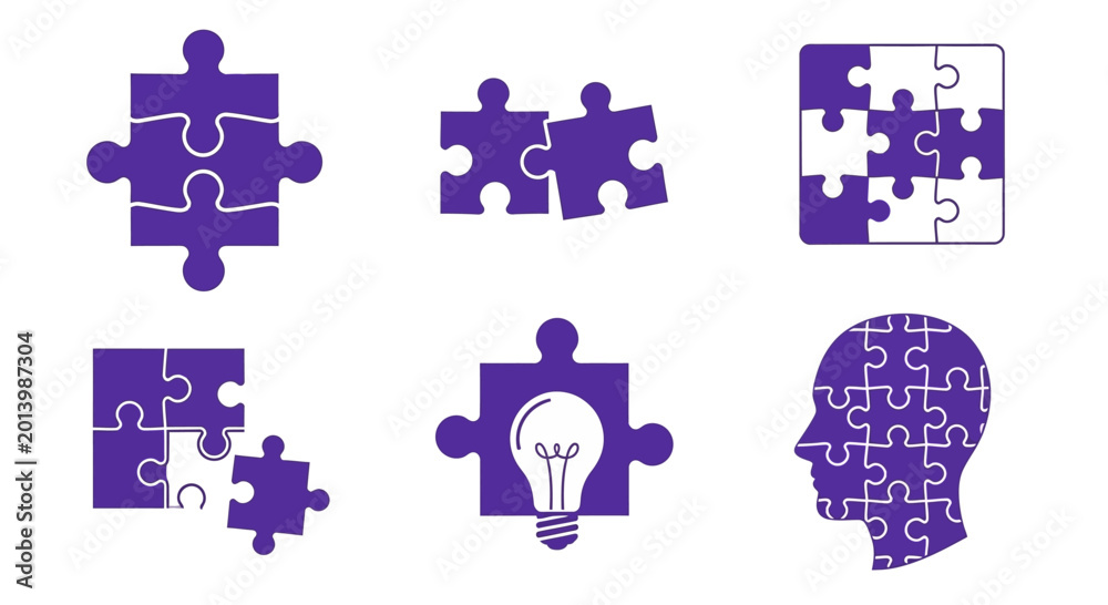 Naklejka premium Puzzle Pieces Icons: Solution, Idea, Teamwork, Strategy, Brain, Connection