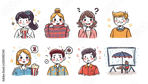 Photos Characterful Expressions: A collection of charming cartoon figures, each displaying a unique emotional expression, from joy and curiosity to concern and contemplation