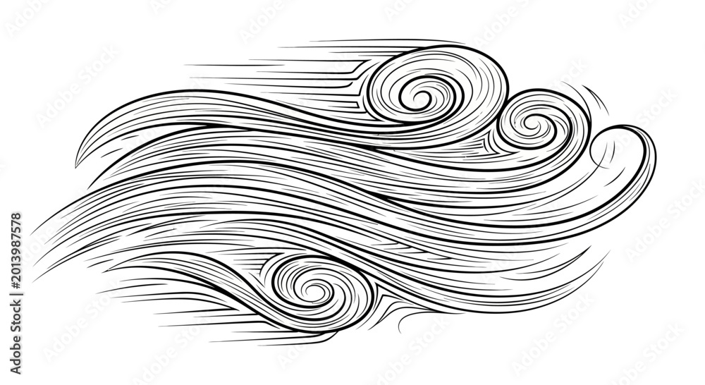 Fototapeta premium Stylized Wind Swirls and Gusts, Black and White Engraving Style