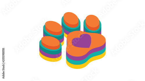 Vibrant 3d isometric paw print icon composed of colorful layered shapes with a purple heart accent representing pet love and care isolated on white background for graphic design