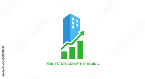 Real estate growth concept with building and upward arrow, business progress visualization