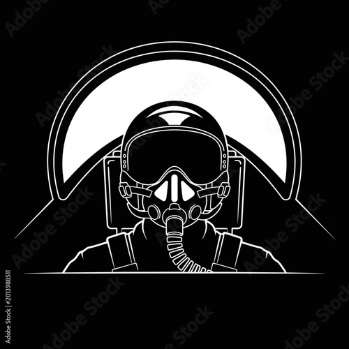 Pilot wearing oxygen mask and helmet.