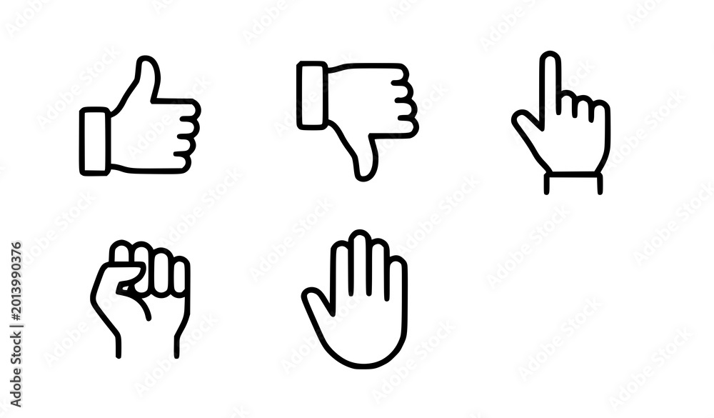 Obraz premium Hand gesture icons set thumbs up down pointing fist and open palm
