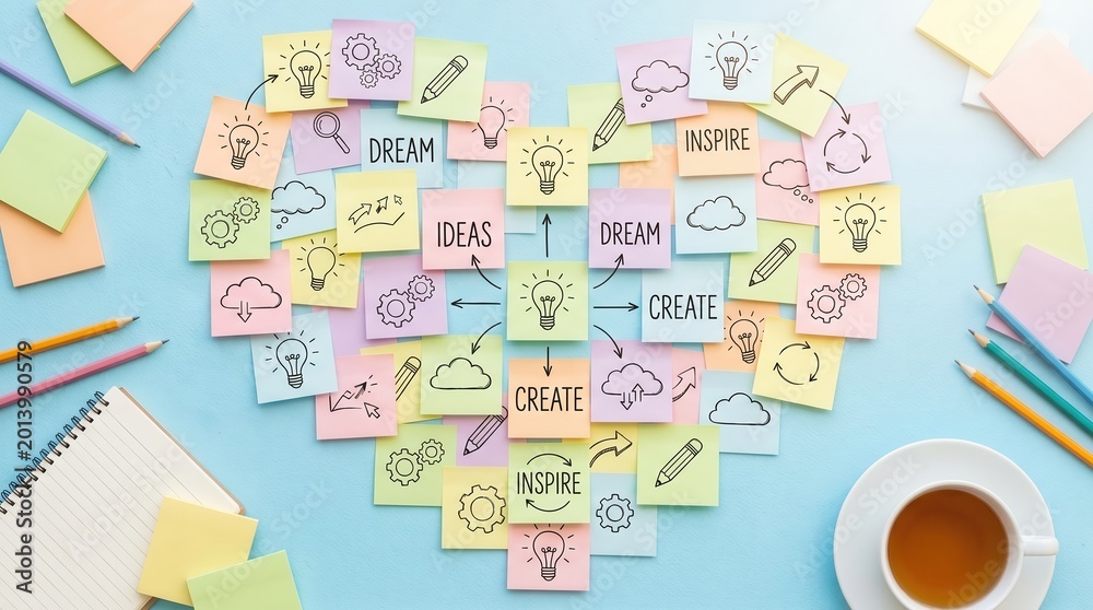 Fototapeta premium Sticky Notes Forming a Heart Shape - Ideas and Inspiration