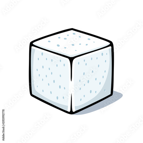 White Sugar Cube with Small Pores, Isolated on White Background, Graphic Illustration