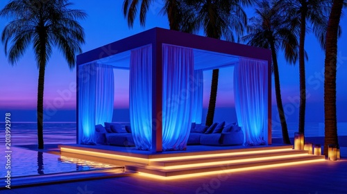 A serene outdoor space featuring a cozy cabana illuminated by blue light against a twilight backdrop