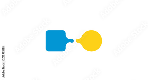 Abstract illustration of two linked shapes, blue square and yellow circle in minimal design style