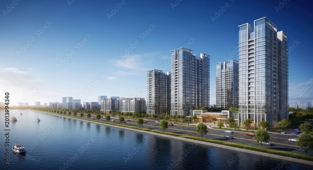 Fototapeta premium Modern high-rise apartment buildings line a waterfront city skyline