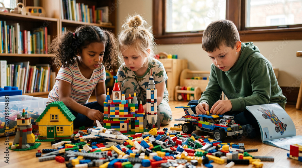 Fototapeta premium Kids building LEGO structures on floor, focused creativity