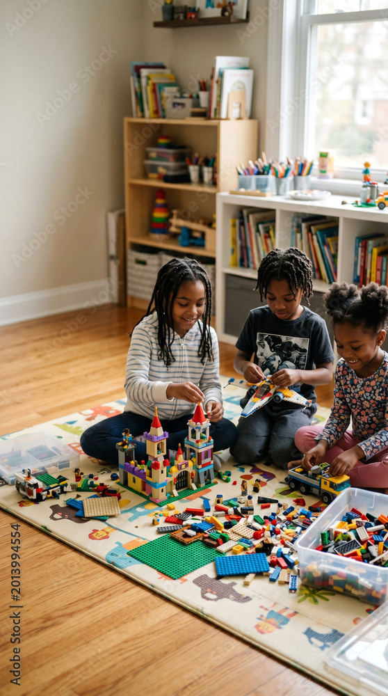 Fototapeta premium Black Kids building LEGO structures on floor, focused creativity