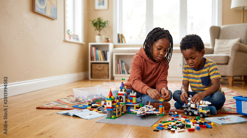 Fototapeta premium Black Kids building LEGO structures on floor, focused creativity
