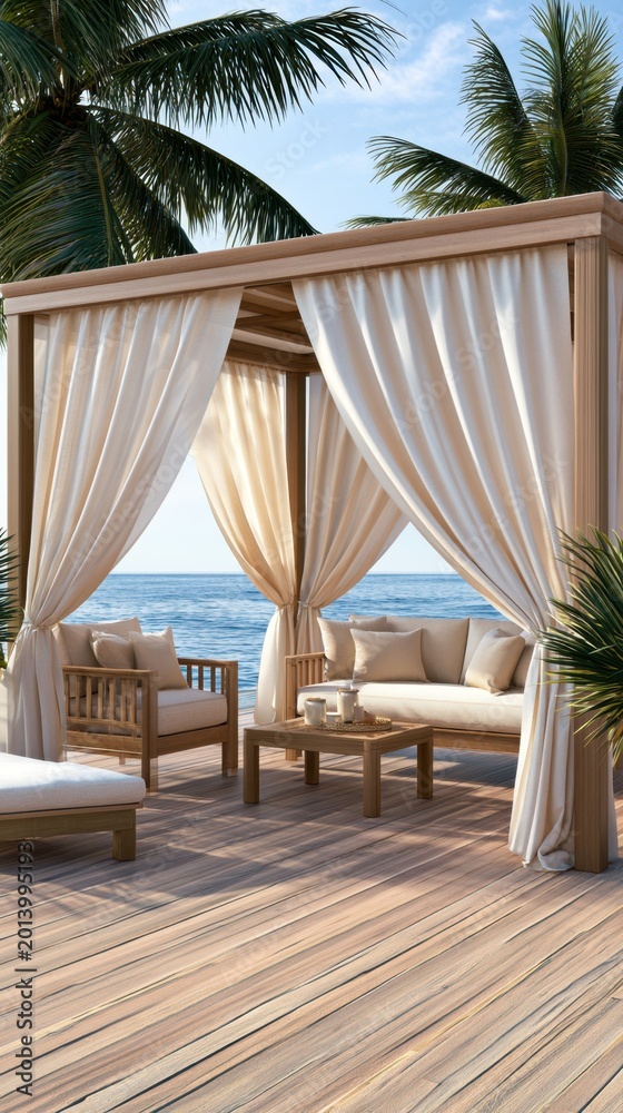 Fototapeta premium A serene beachfront lounge area with elegant curtains, wooden furniture, and tropical palms