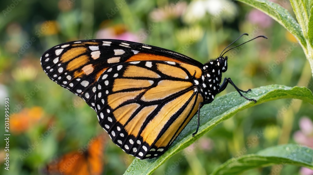 Fototapeta premium Monarch butterfly on green leaf.