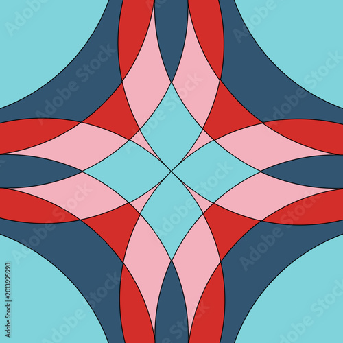 Abstract Colorful Geometric Symmetric Shapes Banner Background. Vector Seamless Tile in Red Blue and Pink
