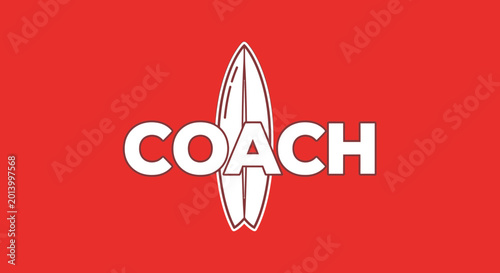 Coach's Emblem Featuring Surfboard and Bold Typography on Red Background Design