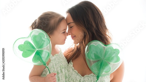 Affectionate Portrait of a Mother and Toddler Daughter in Matching Outfits with Green Shamrock Heart Balloons for St. Patrick's Day Isolated on White Background