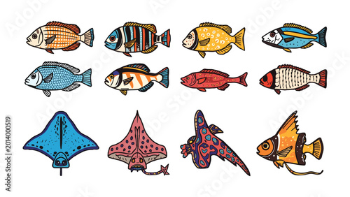 Foto Aquatic Life Variety: A vibrant illustration showcasing a collection of diverse fish and sea creatures, each with unique patterns and colors
