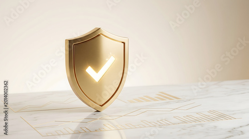 Golden shield with checkmark standing on marble table with graphs.