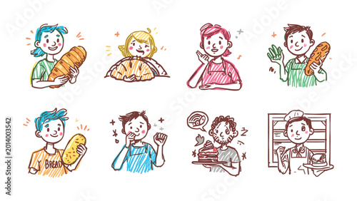 Tableau sur toile Bakers with Fresh Breads: A collection of delightful illustrations showcasing bakers and their delectable freshly baked goods