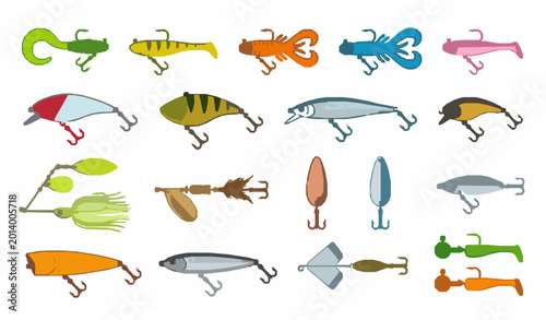 Foto Artificial fishing bait and lure icon set for angling and outdoor sport vector d