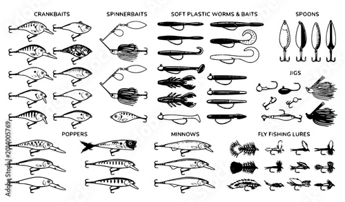 Quadro su tela Fishing lure and artificial bait vector collection for angling sport equipment i
