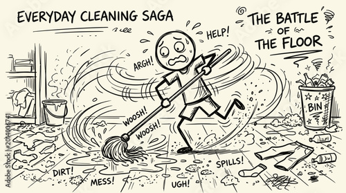 Fotografia A frustrated character struggles with cleaning mess.